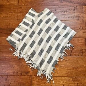 Striped Gray and White Poncho Blanket with Fringe